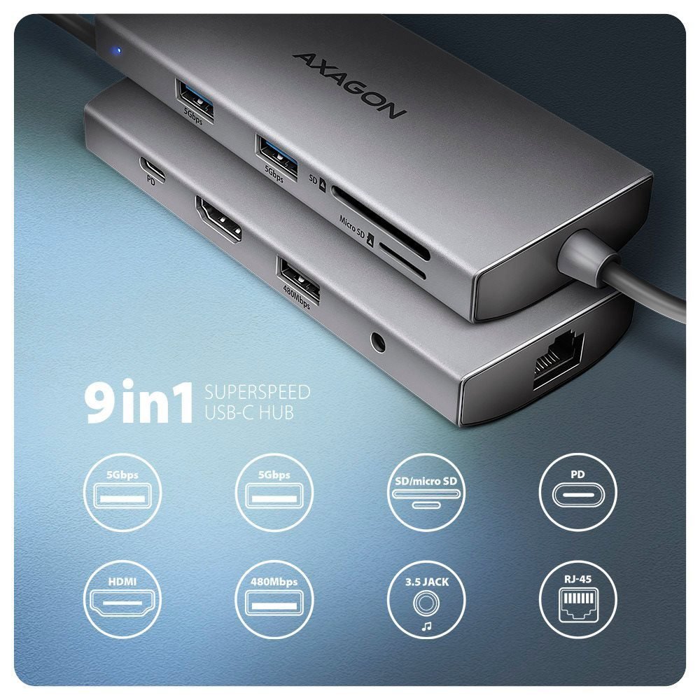 Docking station AXAGON HMC-8HLSA 9-in-1 Hub, USB-C 5Gbps, 3x USB-A, HDMI 4k/60Hz, RJ-45, SD/mSD, audio, PD 100W