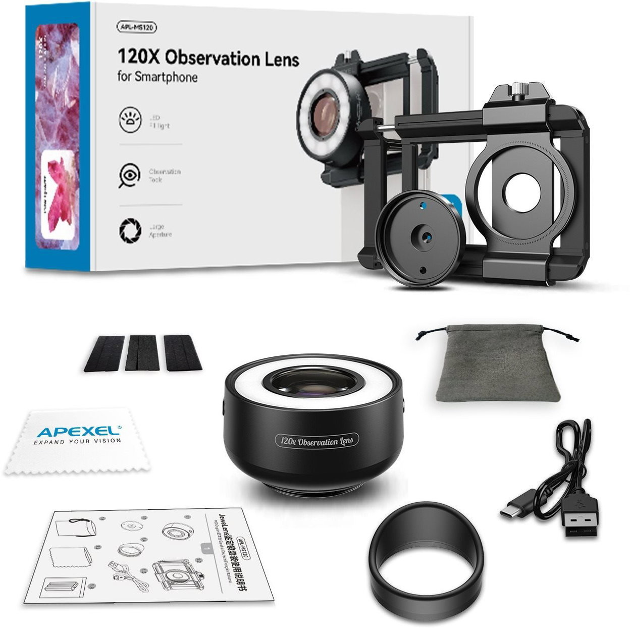 Apexel HD 120X Jewelry Macro Lens with LED Light & UV Light for Phone