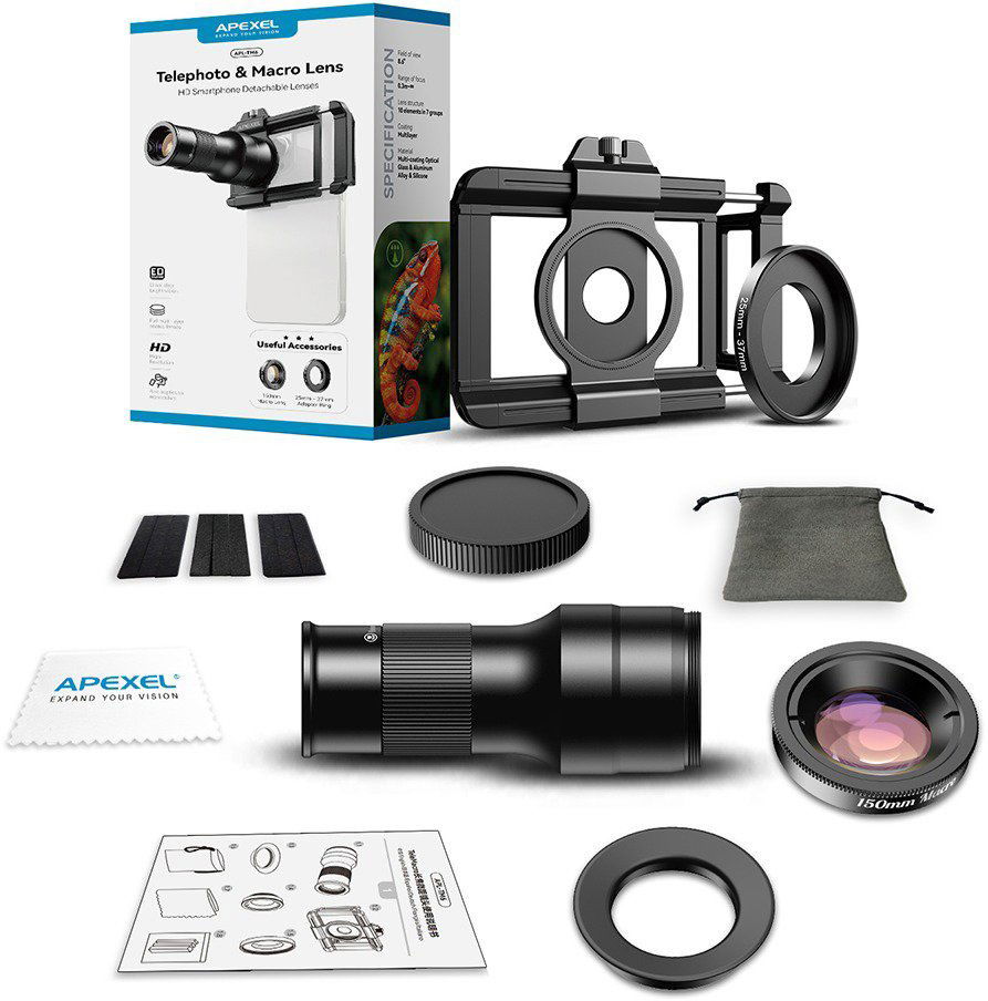 Objektiv pro mobilní telefon Apexel 6X Telephoto Lens & 150mm Macro Lens 2IN1 Kit