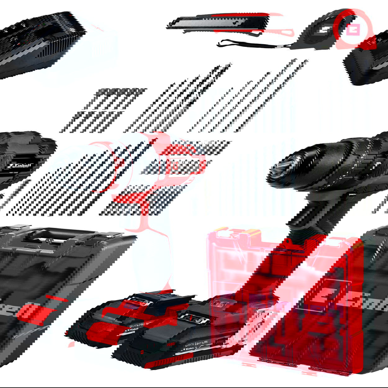 Aku vrtačka EINHELL Vrtačka AKU s příklepem TE-CD 18/40 Li-i + 64 ks příslušentsví, 4513992 (2x2 Ah)