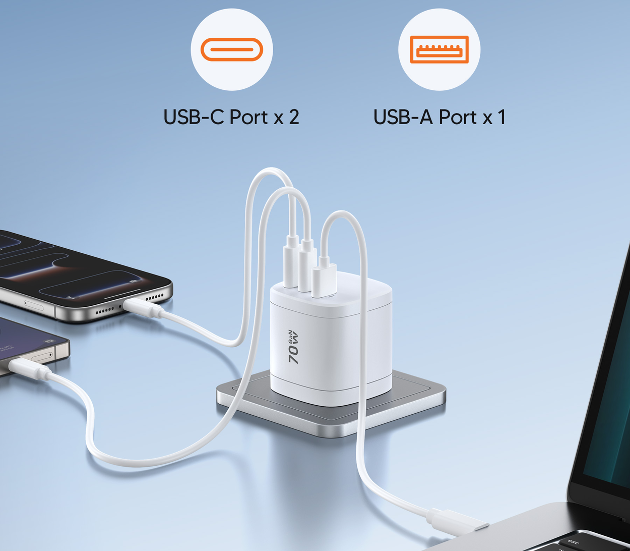 Netzladegerät ChoeTech 70W Rotatable Universal GaN Wall Charger (US/EU/UK/AU-Stecker)