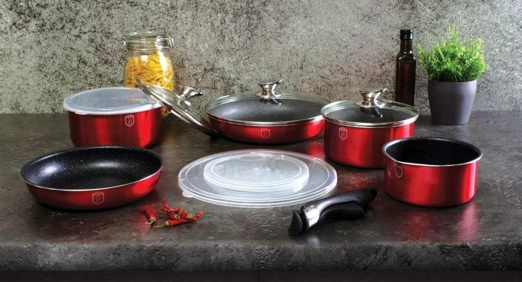 BERLINGERHAUS Cookware Set 12 Pieces Burgundy Metallic Line with Removable Handle