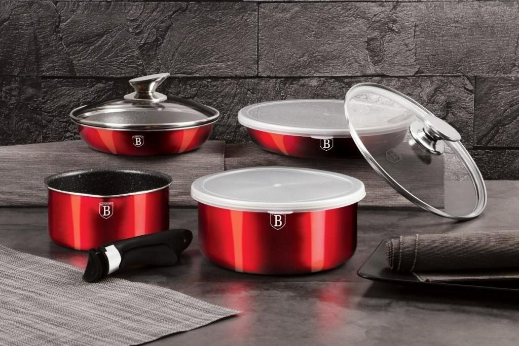 BERLINGERHAUS Cookware Set Cookware Set with Removable Handle 9 Pieces Burgundy Metallic Line