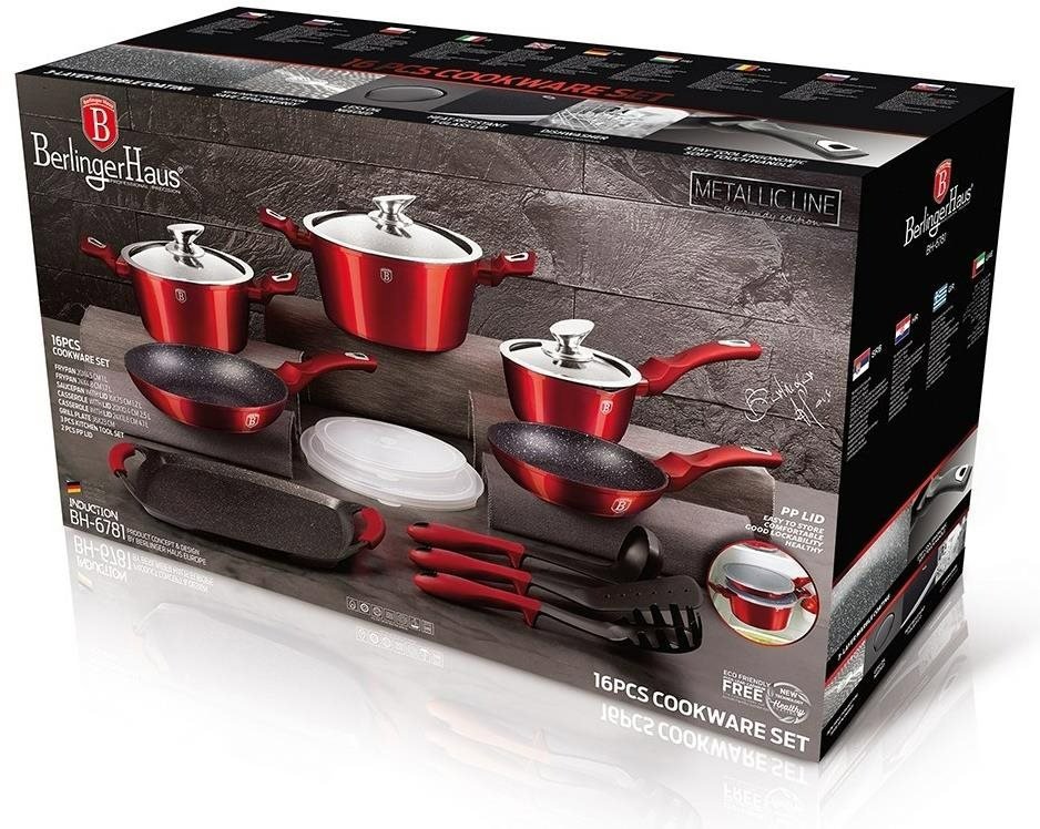 BERLINGERHAUS Marble Surface Cookware Set 14 Pieces Burgundy Metallic Line