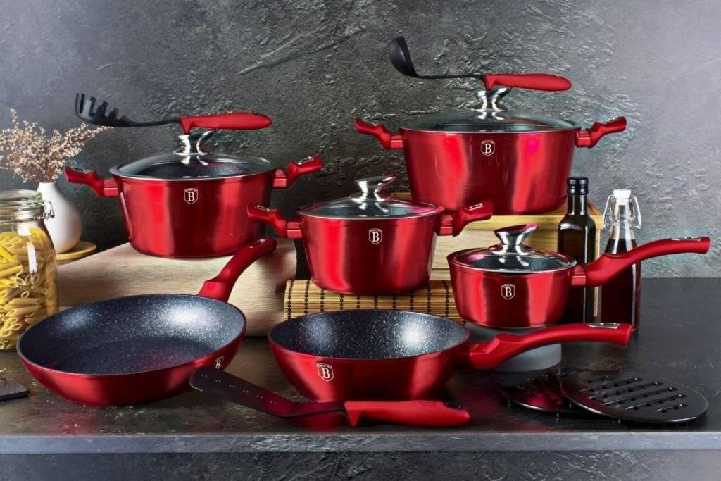 BERLINGERHAUS Cooking Utensil Set Marble Surface Cookware Set 13 Pieces Burgundy Metallic Line
