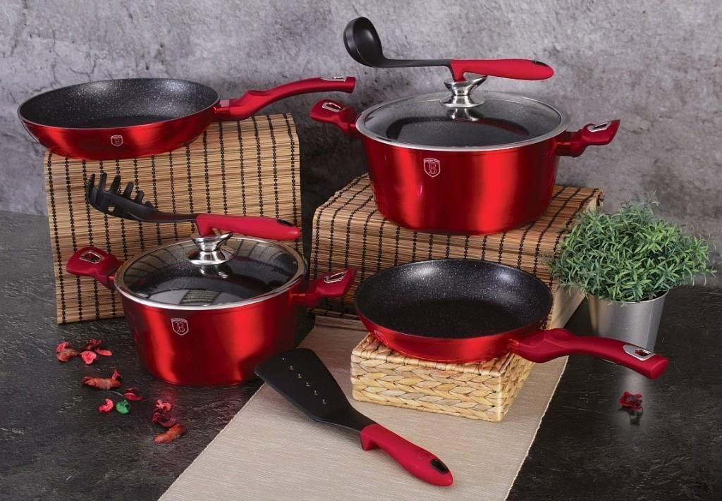 BERLINGERHAUS Cooking Utensil Set Marble Surface Cookware Set 13 Pieces Burgundy Metallic Line