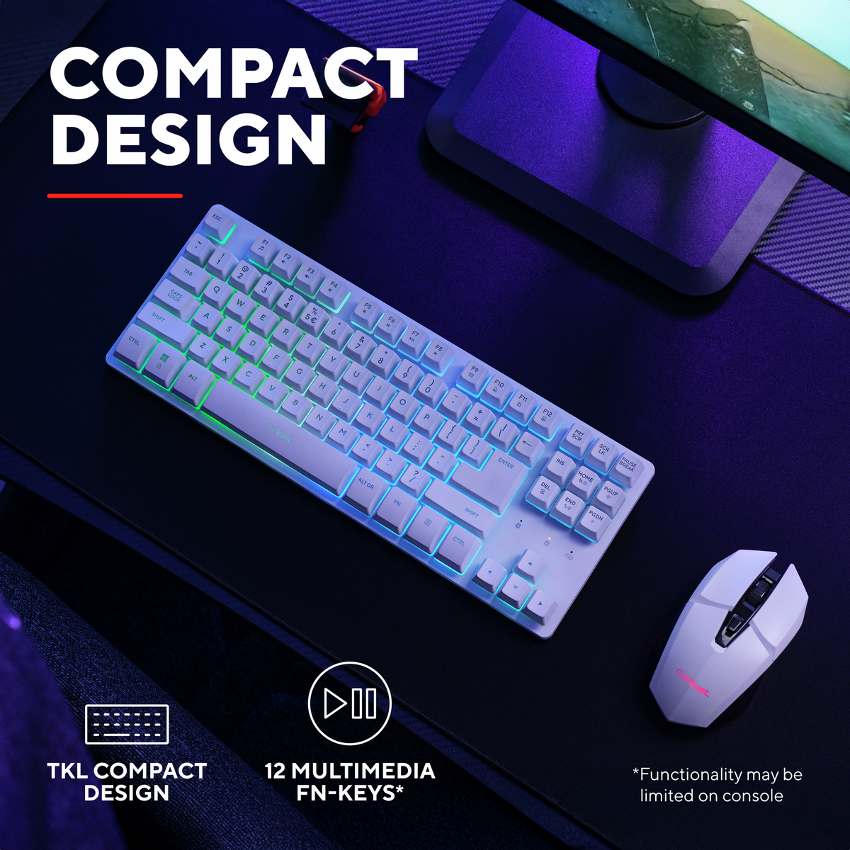 Trust GXT831W THADO TKL Wireless Gaming Keyboard White gamer billentyűzet - US