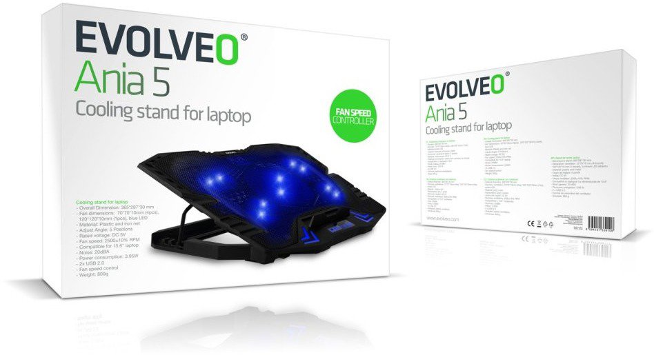 EVOLVEO Ania 5 laptop cooling pad, laptop cooling stand, blue backlight