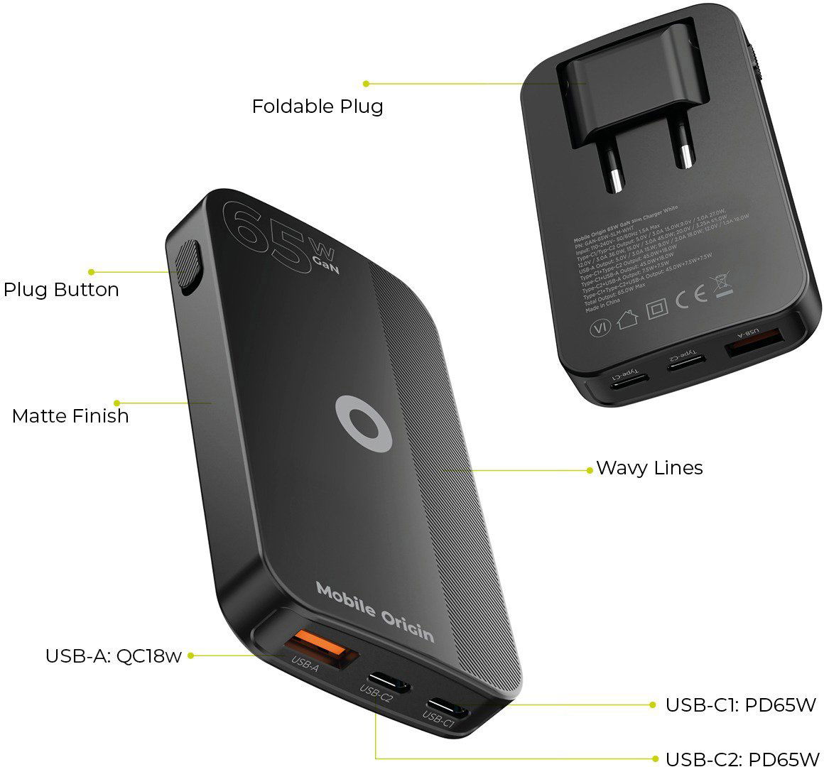 Nabíječka do sítě Mobile Origin 65W GaN III Slim Charger dual USB-C Single USB-A Black