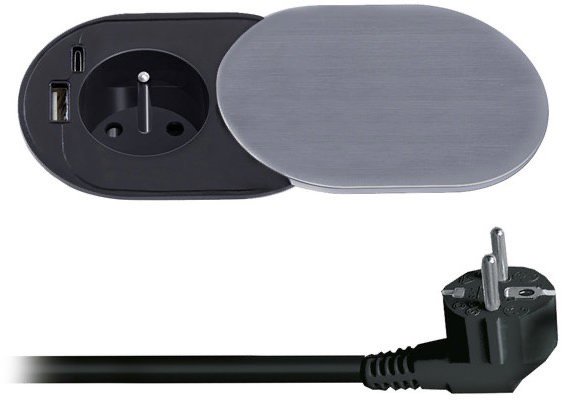 Socket Solight 1z + USB A+C 20 W PD built-in with sliding cap, 2 m, silver