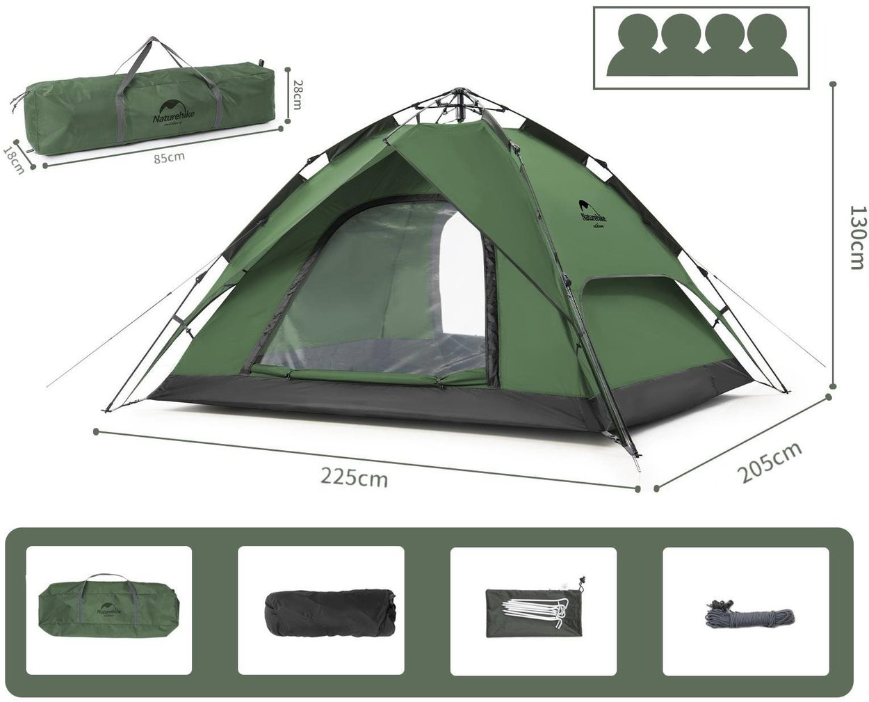 Tent Naturehike Quick-erecting automatic tent 4020 g, green, 4 persons