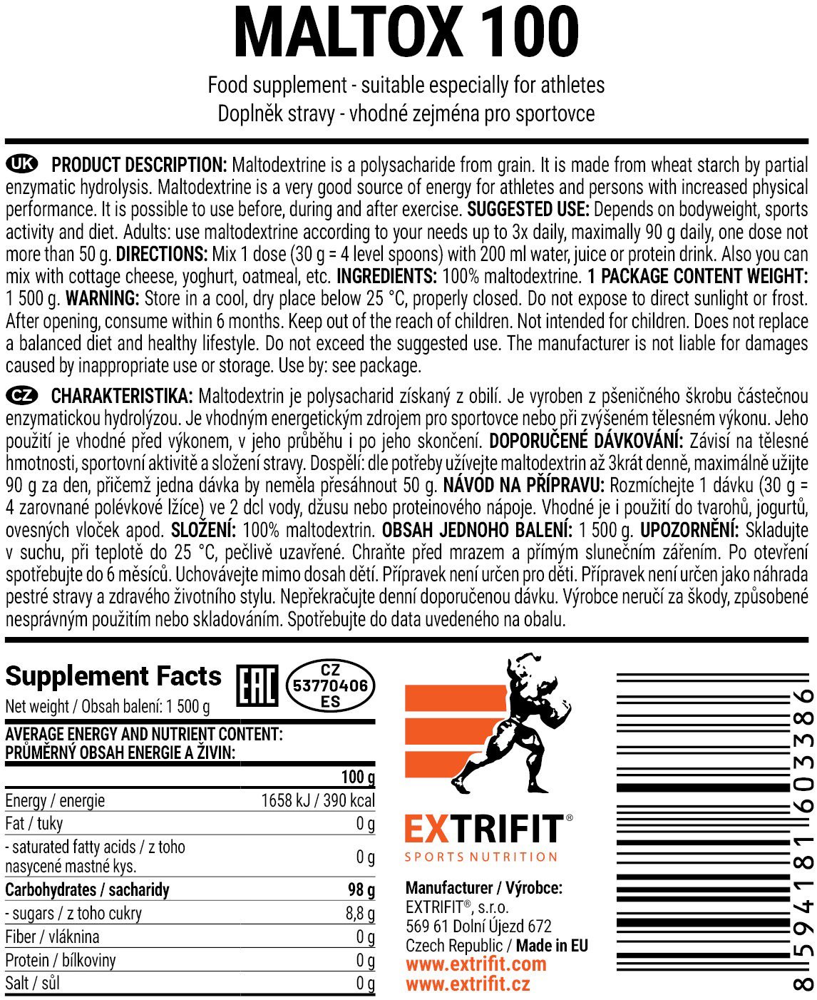 Gainer Extrifit Maltox 100 - back side