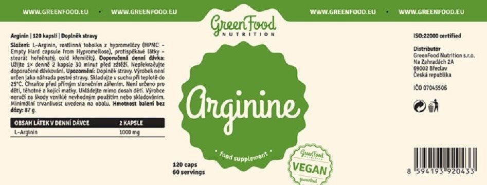 Aminokyseliny GreenFood Nutrition Arginin 120 kapsúl