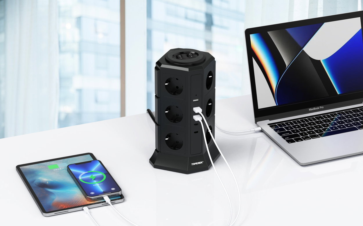 Predlžovací kábel TOPREK USB Vertical Power Strip TP-VA5U12E-PD