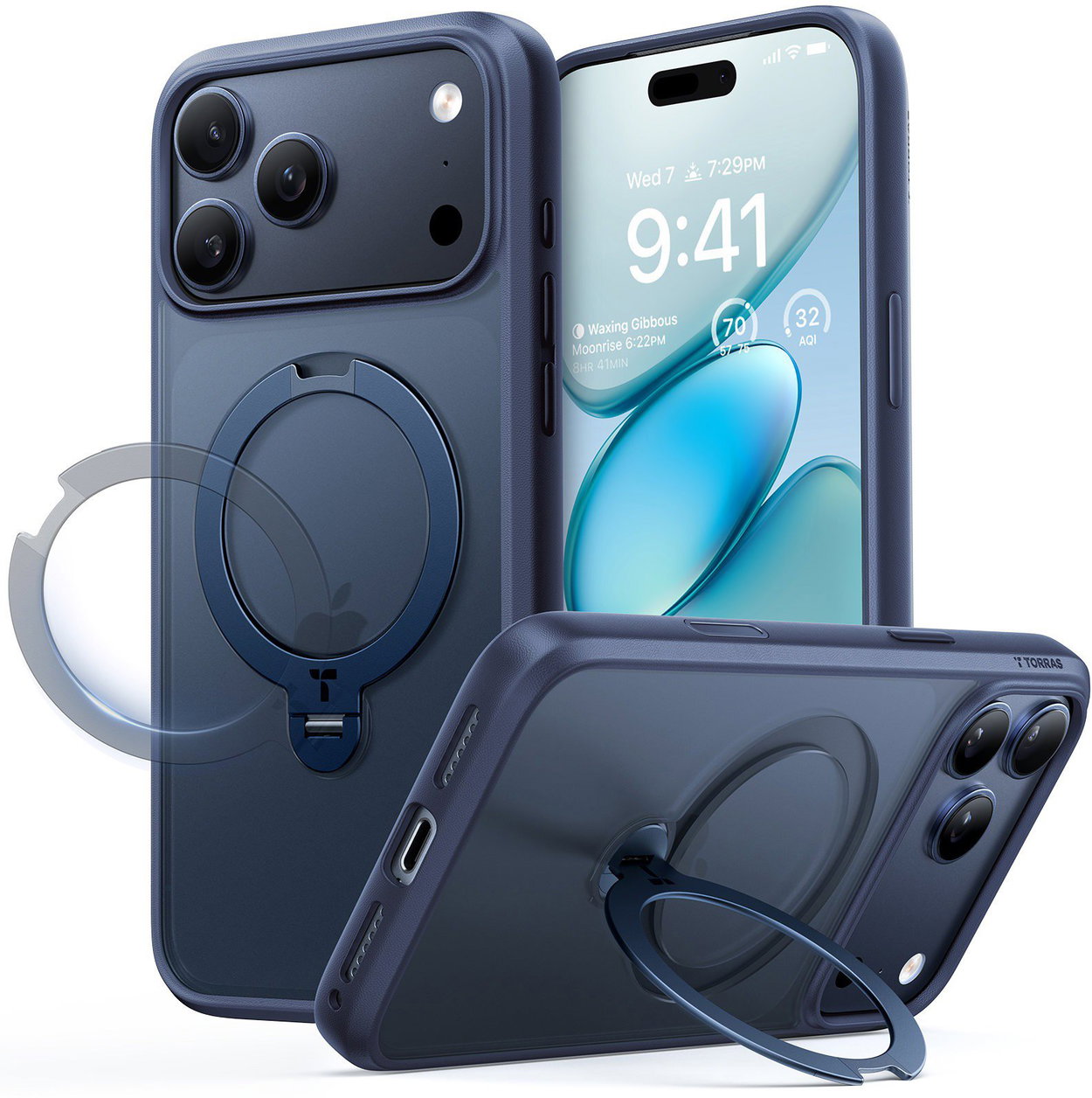 Torras Ostand Q3 Spin Midnight Blue mobiltok iPhone 17 Pro Max készülékhez