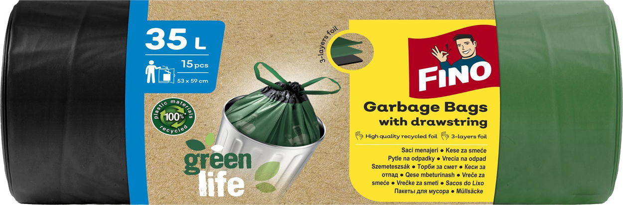 Eko pytle na odpad FINO LD Pytle Green Life zatahovací 35 l, 15 ks
