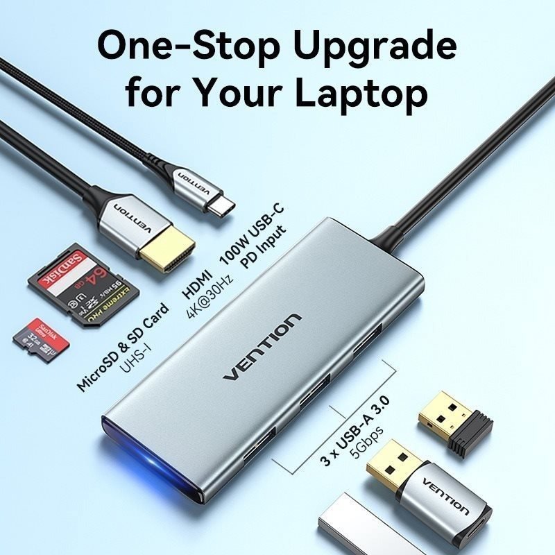 Dockingstation Vention 7-in-1 USB-C zu HDMI/USB 3.0x3/SD/TF/PD Docking Station 0.15M Grau Aluminiumlegierung Typ (schlank und mit)
