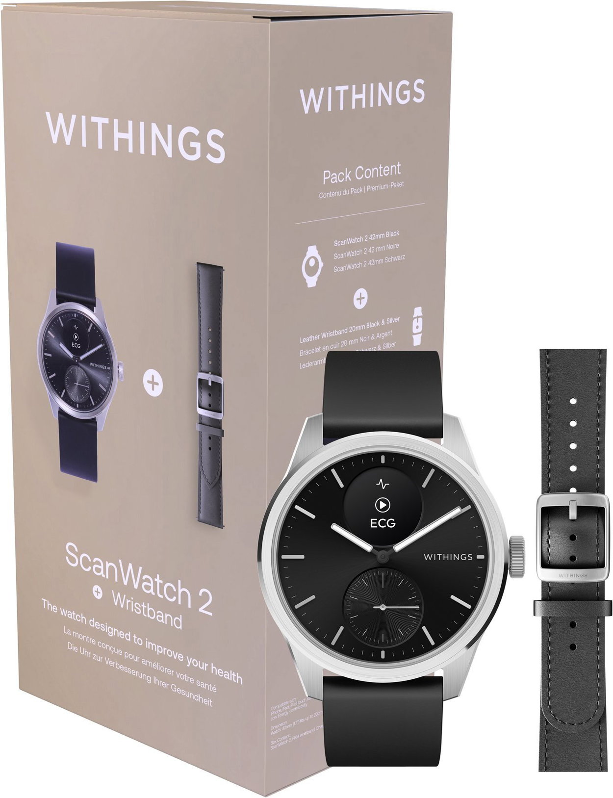 Withings ScanWatch 2 42 mm Black okosóra bőrszíjjal