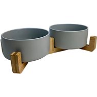 ANNAM Double Ceramic bowl with wooden base 13 cm, grey - Dog Bowl