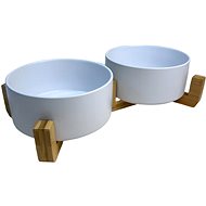 ANNAM Double Ceramic bowl with wooden base 13 cm, white - Dog Bowl