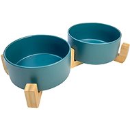 ANNAM Double Ceramic bowl with wooden base 13 cm, green - Dog Bowl