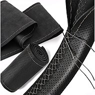 PREXIM Leather Steering Wheel Cover M Black with Grey Thread - Steering Wheel Cover