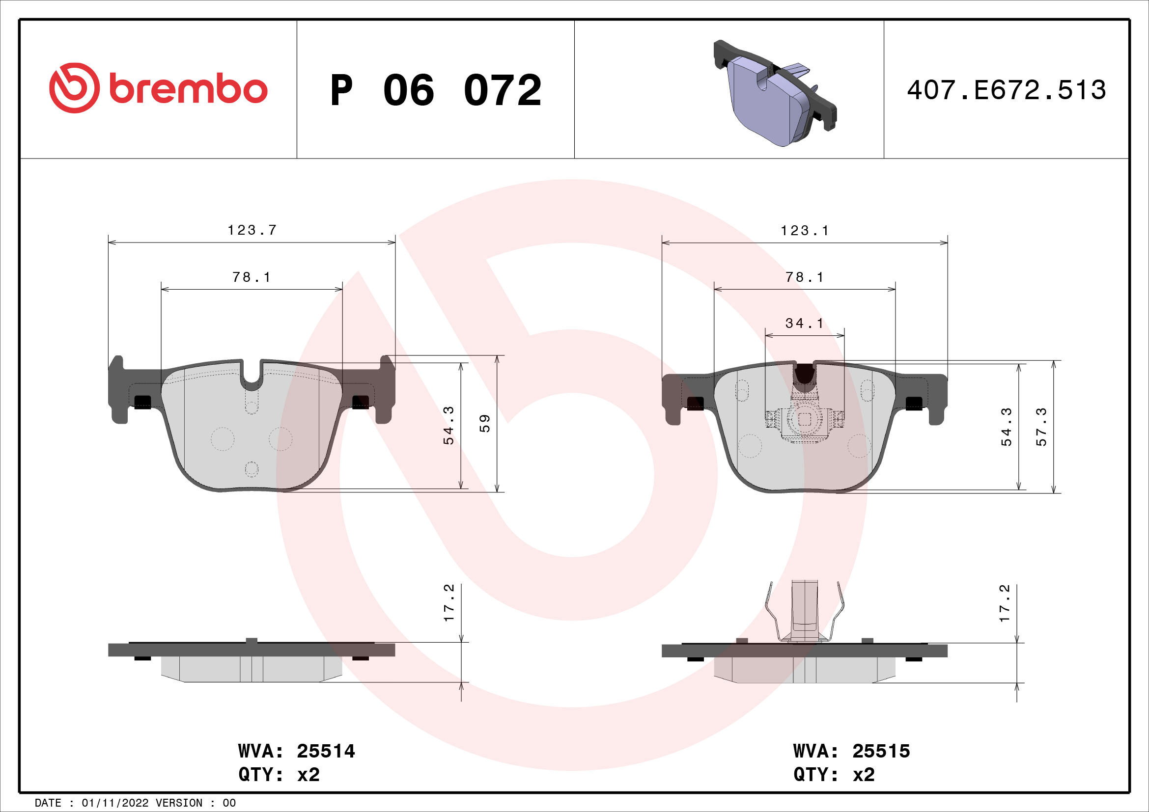BREMBO Brake pad set P 06 072 - Brake Pads