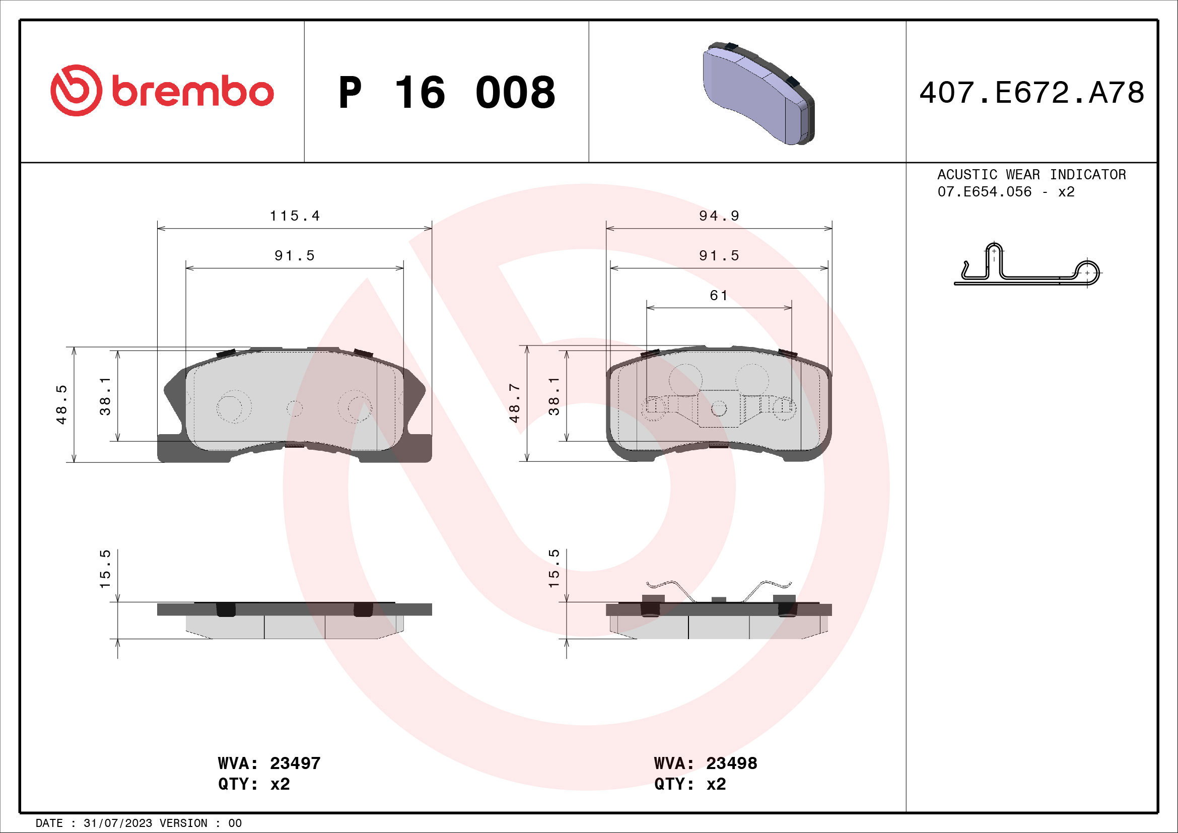 BREMBO Brake pad set P 16 008 - Brake Pads