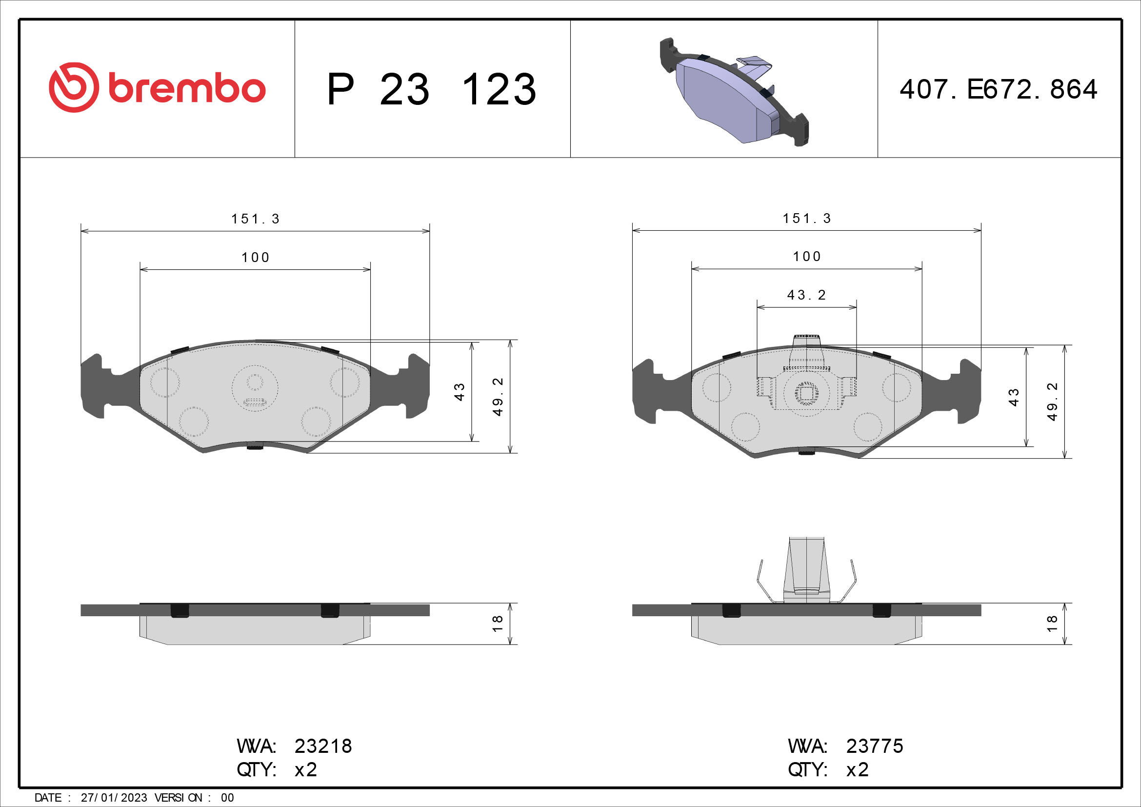 BREMBO Brake pad set P 23 123 - Brake Pads