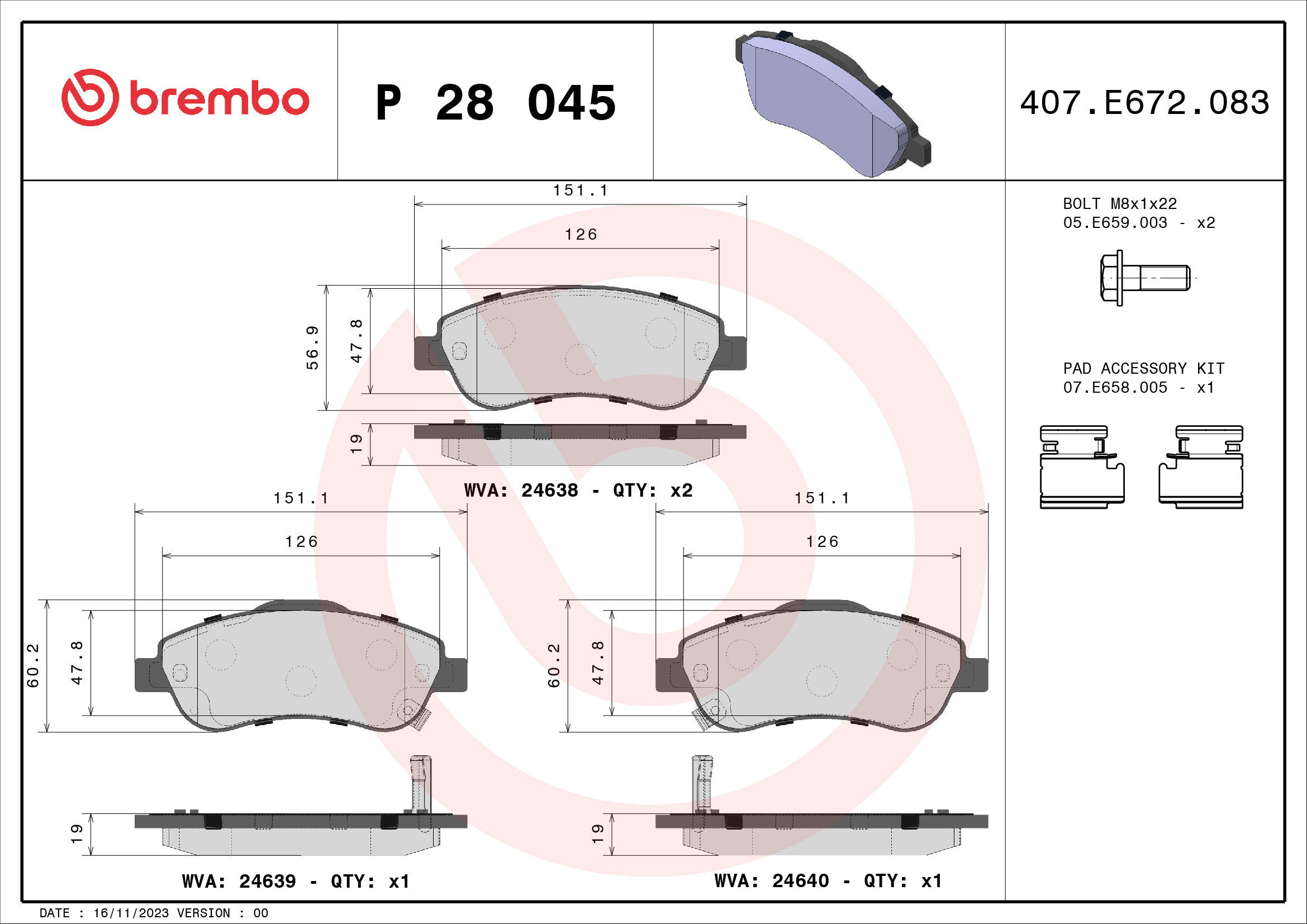 BREMBO Brake pad set P 28 045 - Brake Pads