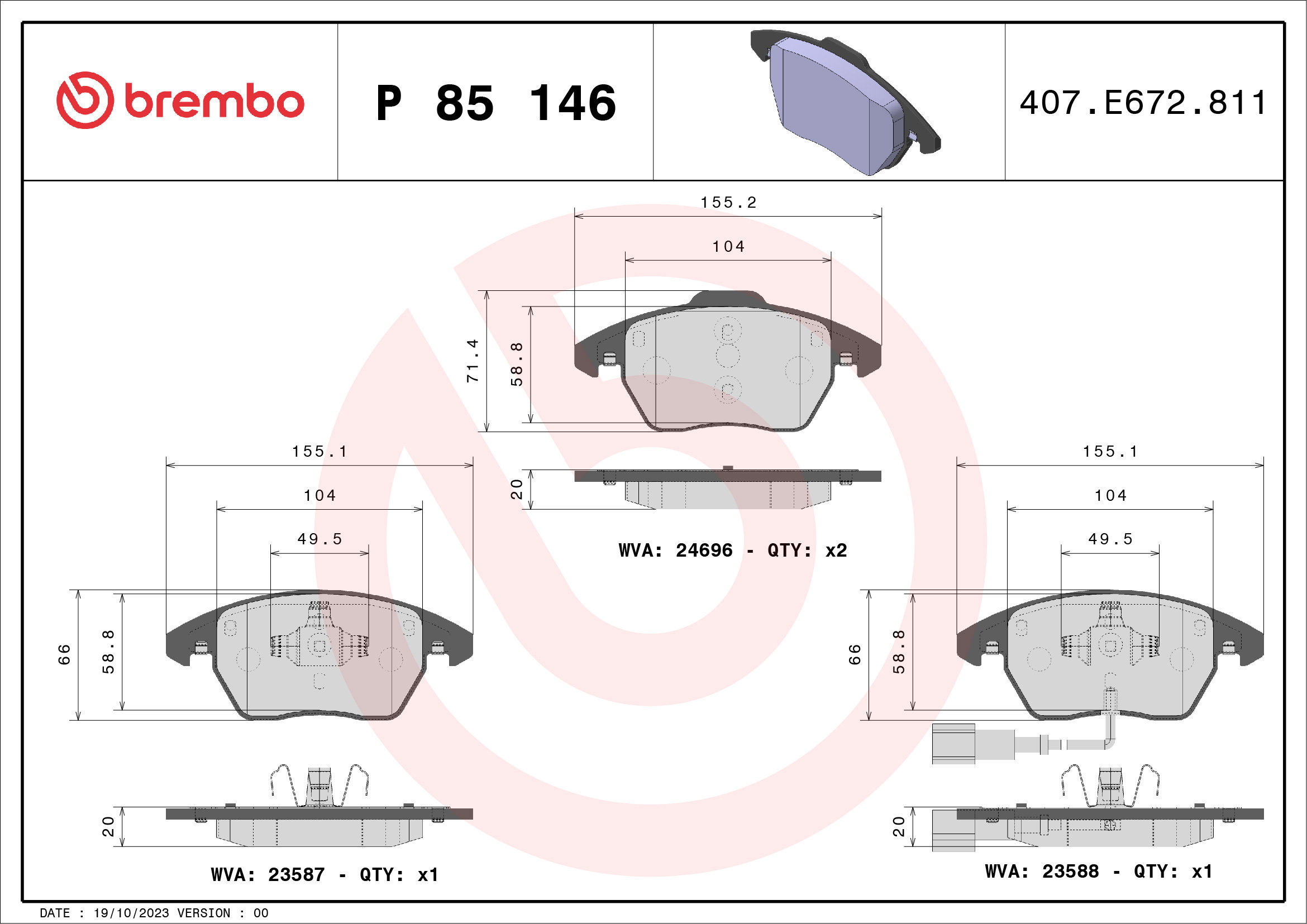 BREMBO Brake pad set P 85 146 - Brake Pads