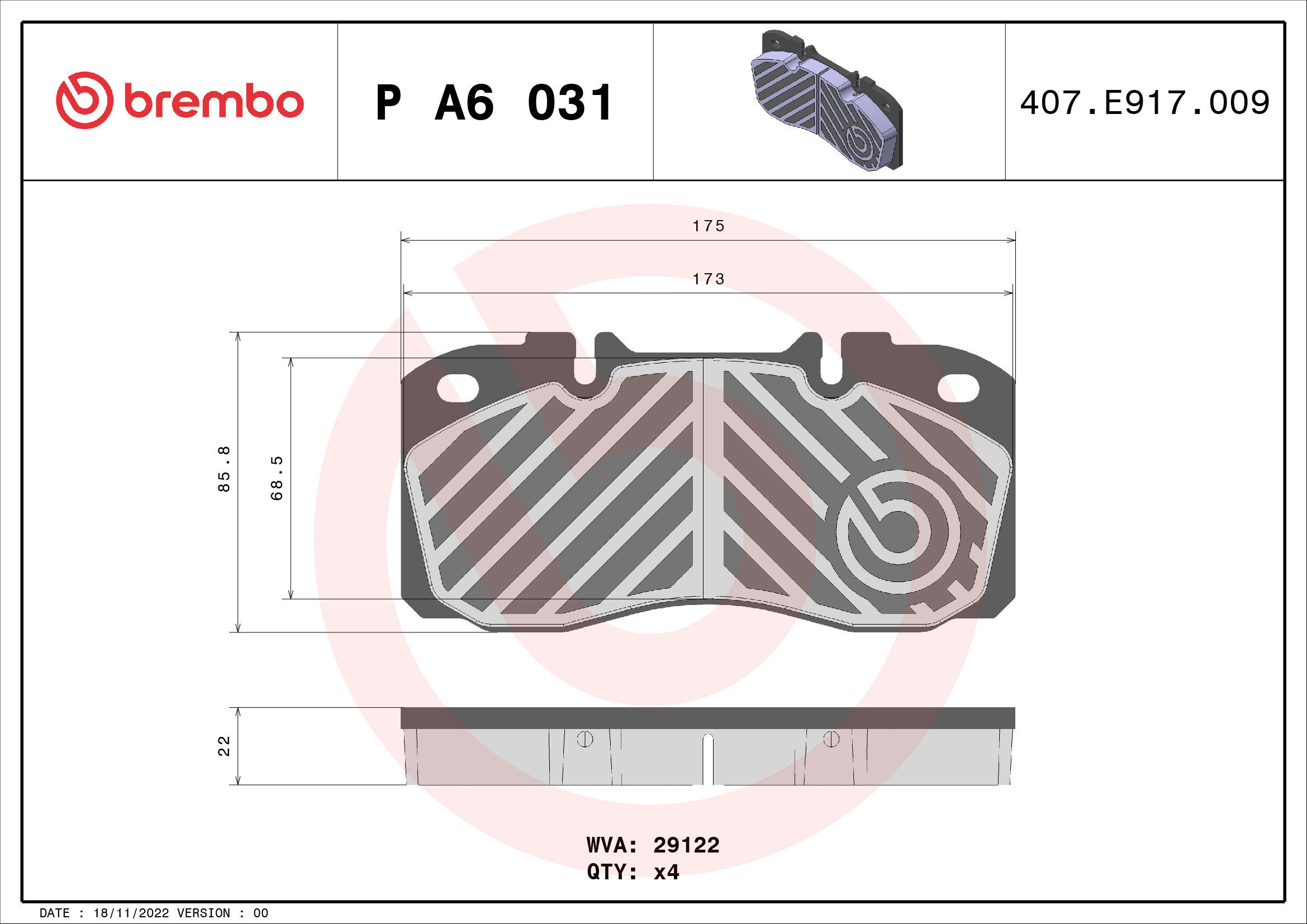 BREMBO Brake pads P A6 031 - Brake Pads