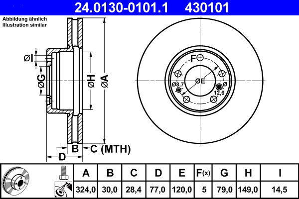 ATE 430101 brake disc 24.0130-0101.1, set of 2 - Brake Disc