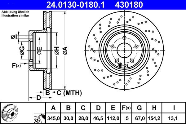 ATE 430180 brake disc 24.0130-0180.1, set of 2 - Brake Disc