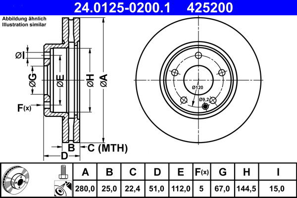 ATE 425200 brake disc 24.0125-0200.1, set of 2 - Brake Disc