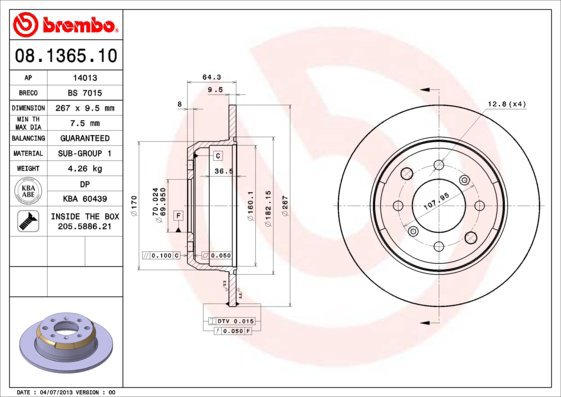 BREMBO brake disc 08.1365.10, set of 2 - Brake Disc