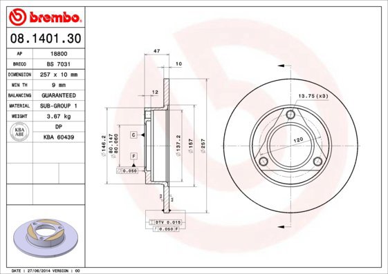 BREMBO brake disc 08.1401.30, set of 2 - Brake Disc