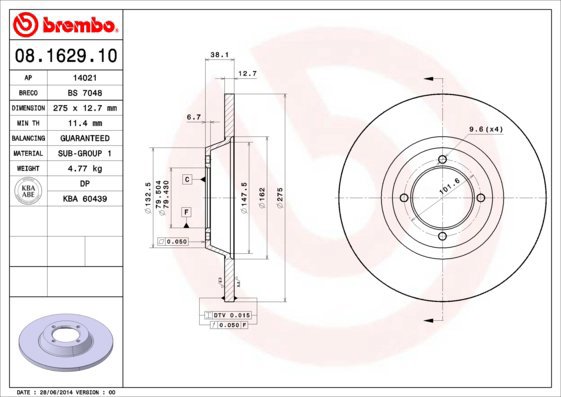 BREMBO brake disc 08.1629.10, set of 2 - Brake Disc