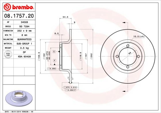 BREMBO brake disc 08.1757.20, set of 2 - Brake Disc