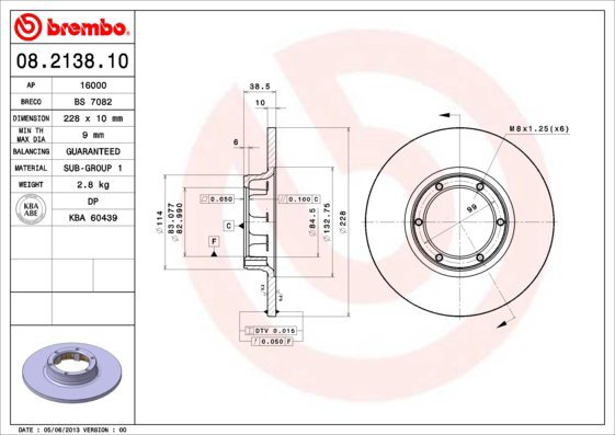 BREMBO brake disc 08.2138.10, set of 2 - Brake Disc
