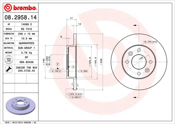 BREMBO brake disc 08.2958.14, set of 2 - Brake Disc