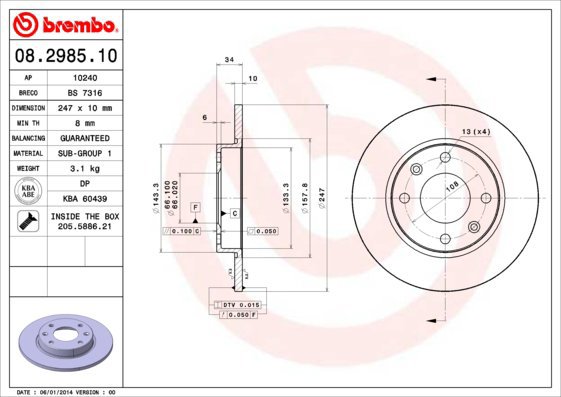BREMBO brake disc 08.2985.10, set of 2 - Brake Disc