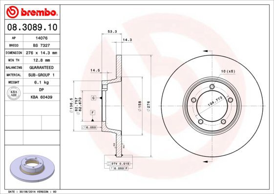 BREMBO brake disc 08.3089.10, set of 2 - Brake Disc