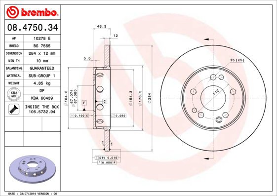 BREMBO brake disc 08.4750.34, set of 2 - Brake Disc