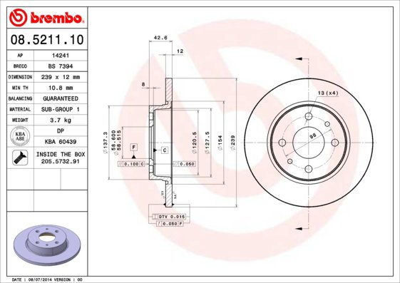 BREMBO brake disc 08.5211.10, set of 2 - Brake Disc