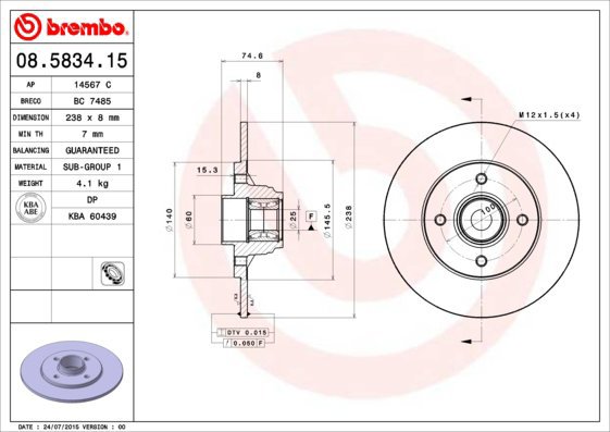 BREMBO brake disc 08.5834.15, set of 2 - Brake Disc