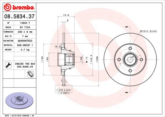 BREMBO brake disc 08.5834.37, set of 2 - Brake Disc