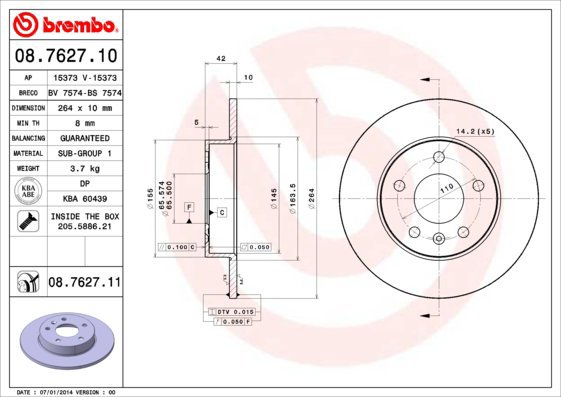 BREMBO brake disc 08.7627.10, set of 2 - Brake Disc