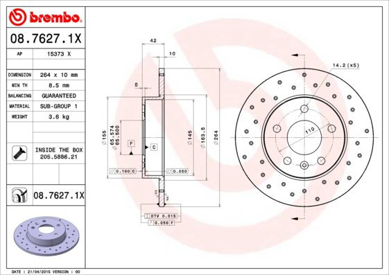 BREMBO brake disc 08.7627.1X, set of 2 - Brake Disc