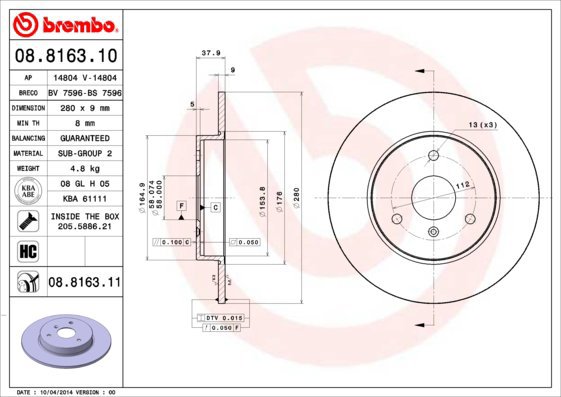 BREMBO brake disc 08.8163.10, set of 2 - Brake Disc